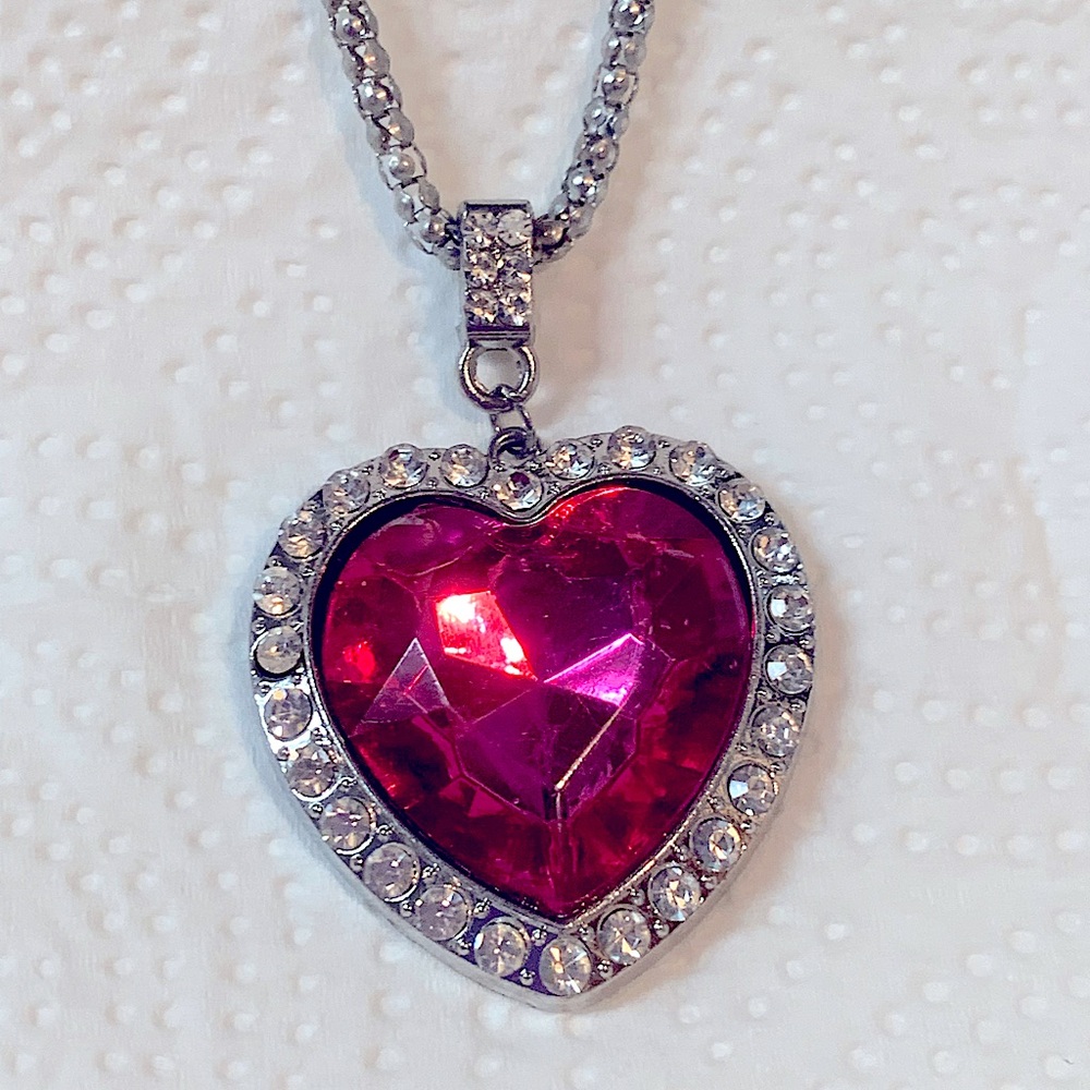 Crystal CZ Red Pink Heart Necklace Rhinestone Silver 18-22" chain NEW NWT - Picture 1 of 15
